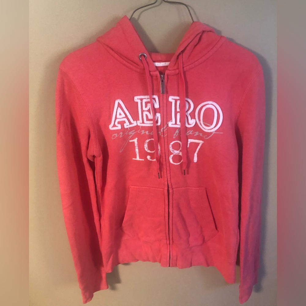 AEROPOSTALE Full Zip Cotton Blend Hoodie Sweater Pink White Top Size Medium